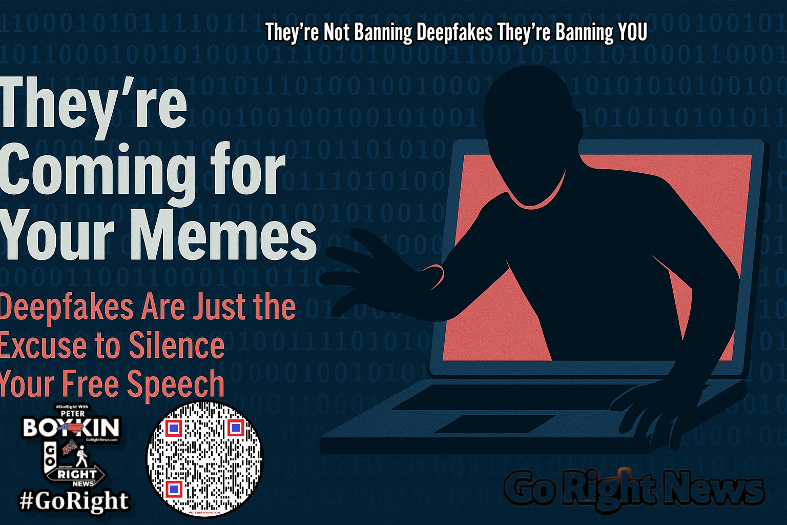 They’re Not Banning Deepfakes They’re Banning YOUImagine you're just a regular citizen—someone who loves making funny memes, maybe even some edgy political satire. You use AI tools to bring humor or insight to a conversation. One day, one of your creations offends someone in power, and suddenly... you're flagged. Your content disappears. You're labeled as “dangerous.” No trial. No warning. Just a wipeout of your voice in the digital world. This isn't science fiction. This is what's happening now under the guise of “protecting people from misinformation.” And they’re using deepfakes as the boogeyman to get away with it. #FreeSpeechUnderAttack, #AICensorship, #DigitalSilencing, #DeepfakeDeception, #MemeBanIncoming, #1984WasNotAnInstructionManual, #AIArtIsSpeech, #StopTheSilence, #GoRightNews, #PeterBoykin, #ProtectTheCreators, #SatireIsNotACrime, #CancelCensorship, #MemesMatter, #FightForFreeSpeech