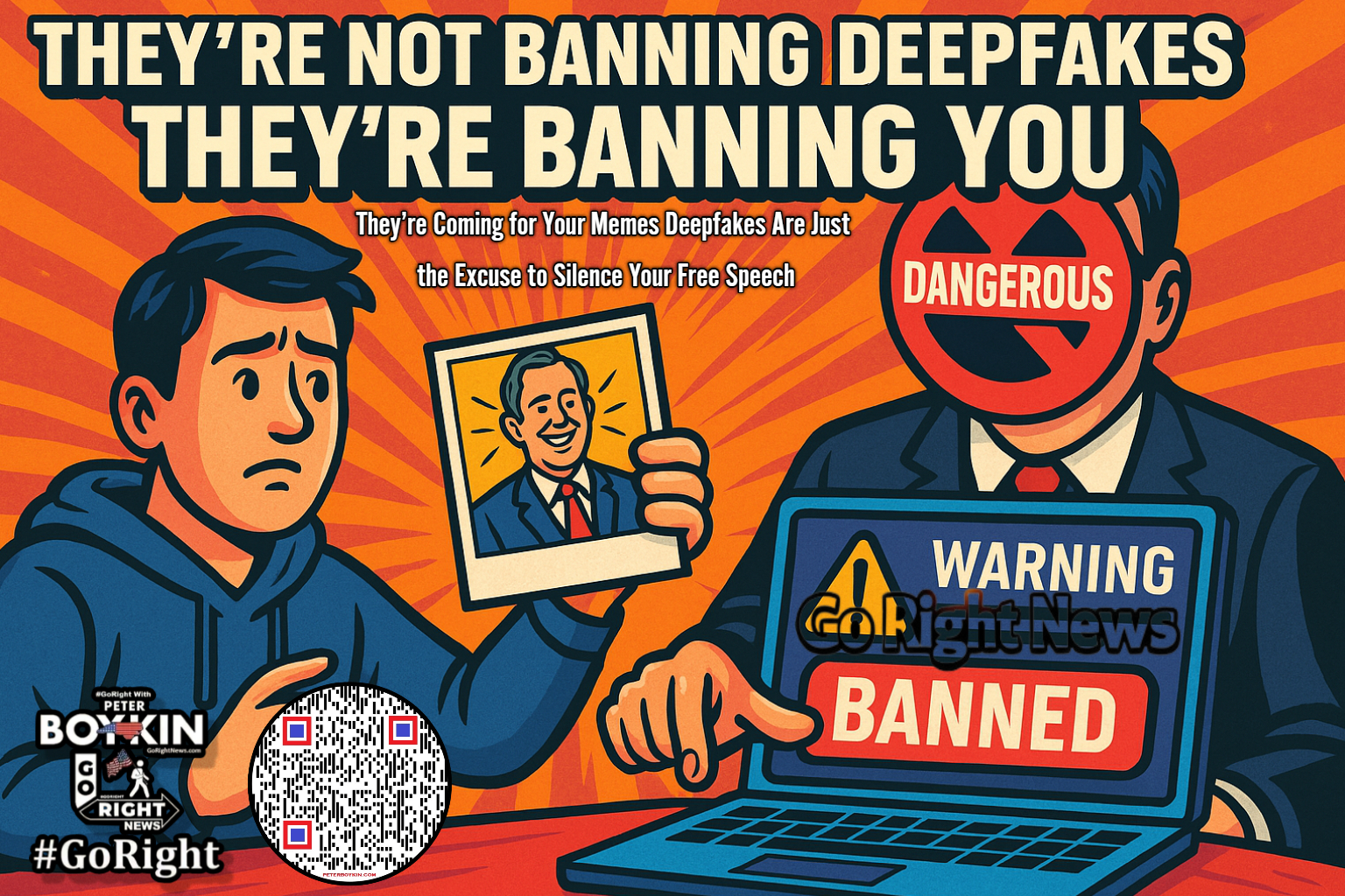 🚨 They’re Not Banning Deepfakes… They’re BANNING YOU! 😱 | Free Speech Under AttackWhat if your next meme gets you banned? This bold artwork exposes the truth: censorship isn't about safety—it's about CONTROL. Deepfakes are just the excuse. Free speech is the real target. Don’t let Big Tech and clueless lawmakers erase your voice. Share this before it’s taken down! #FreeSpeechUnderAttack, #AICensorship, #DigitalSilencing, #DeepfakeDeception, #MemeBanIncoming, #1984WasNotAnInstructionManual, #AIArtIsSpeech, #StopTheSilence, #GoRightNews, #PeterBoykin, #ProtectTheCreators, #SatireIsNotACrime, #CancelCensorship, #MemesMatter, #FightForFreeSpeech